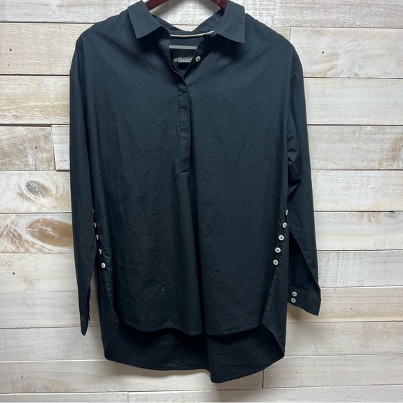 Anthropologie‎ Black Tunic Top Long Sleeve Collared V Neck Womens Medium Buttons - Picture 1 of 11